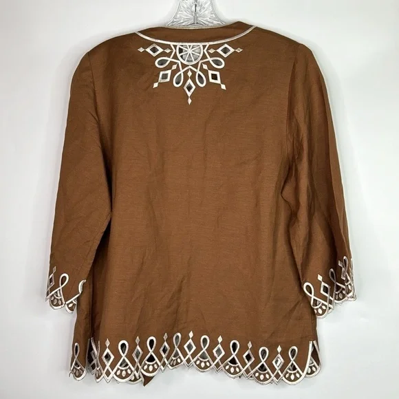 Bob Mackie Wearable Art Brown Embroidered Linen Blouse Size XS - Picture 4 of 8